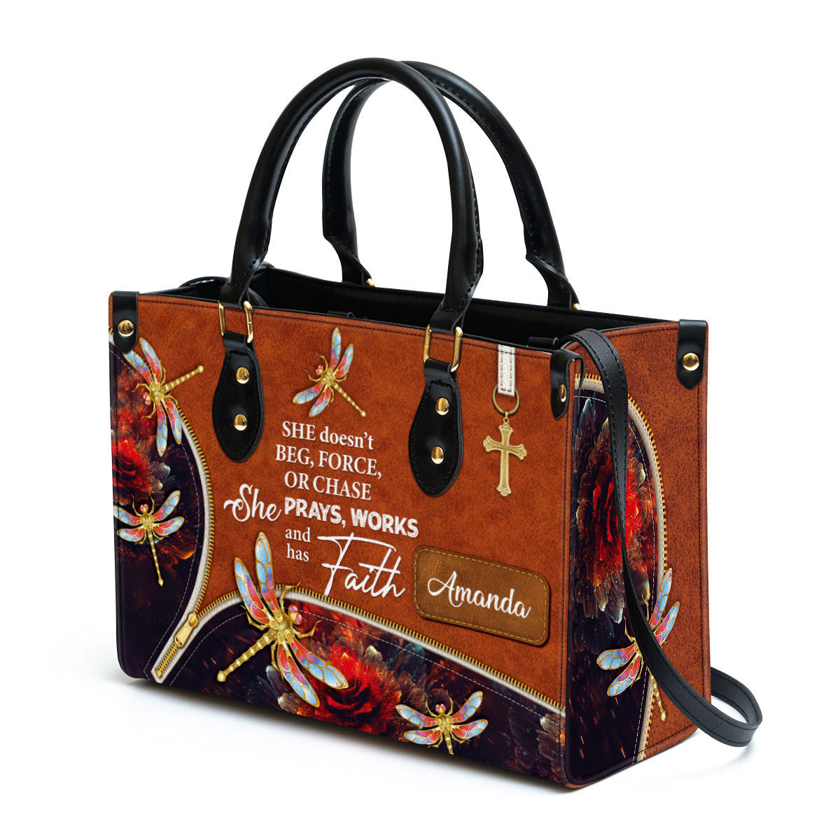 She Prays Works And Has Faith Personalized Dragonfly Leather Bag, Women Pu Leather Bag, Christian Gifts For Women