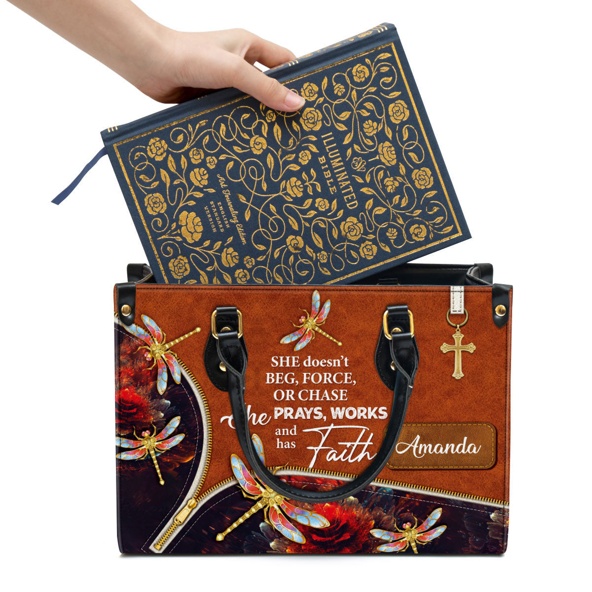 She Prays Works And Has Faith Personalized Dragonfly Leather Bag, Women Pu Leather Bag, Christian Gifts For Women