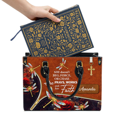 She Prays Works And Has Faith Personalized Dragonfly Leather Bag, Women Pu Leather Bag, Christian Gifts For Women