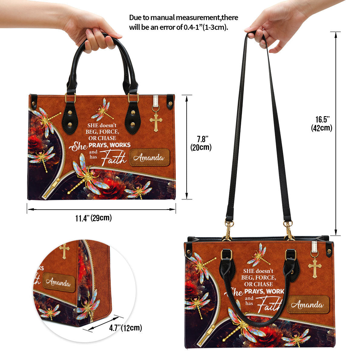 She Prays Works And Has Faith Personalized Dragonfly Leather Bag, Women Pu Leather Bag, Christian Gifts For Women