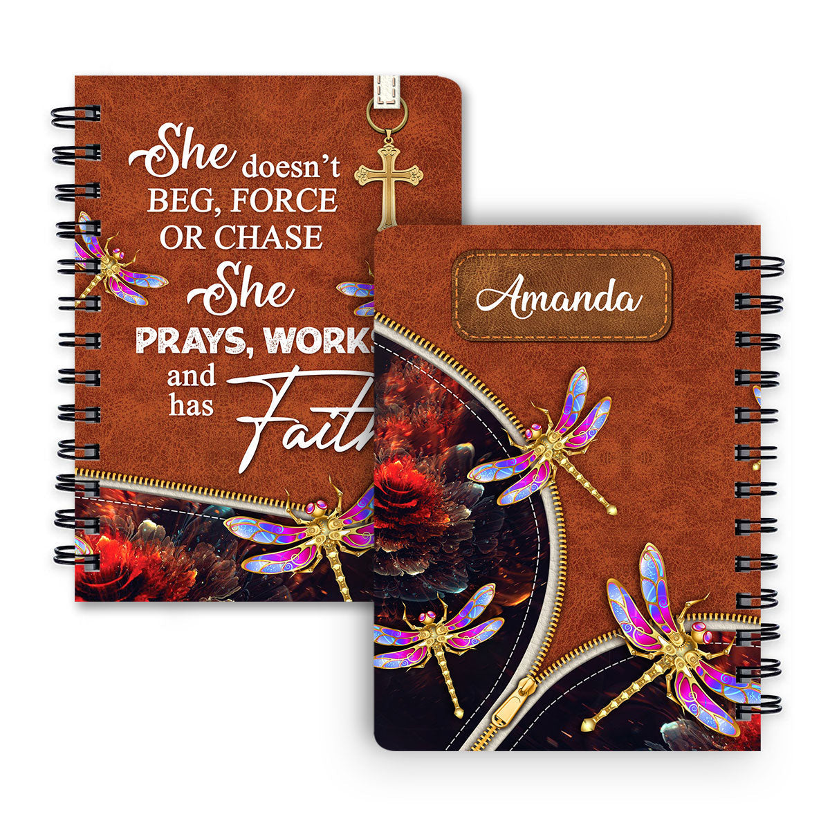 She Prays Works And Has Faith Personalized Dragonfly Spiral Journal, Inspiration Gifts For Christian People
