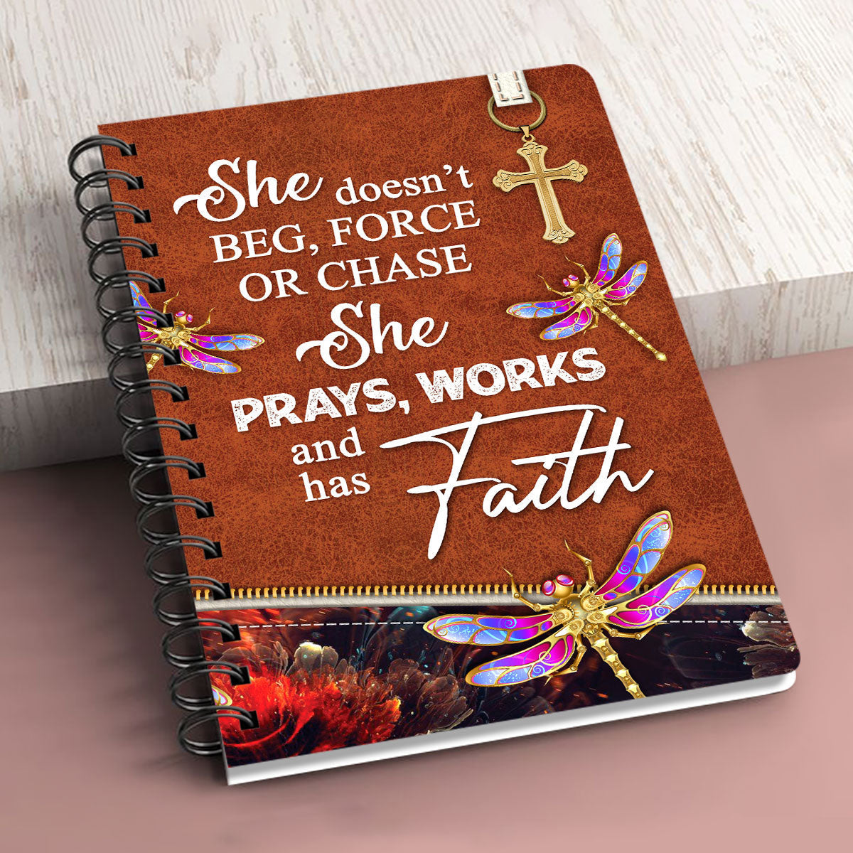 She Prays Works And Has Faith Personalized Dragonfly Spiral Journal, Inspiration Gifts For Christian People