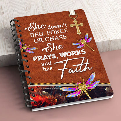 She Prays Works And Has Faith Personalized Dragonfly Spiral Journal, Inspiration Gifts For Christian People