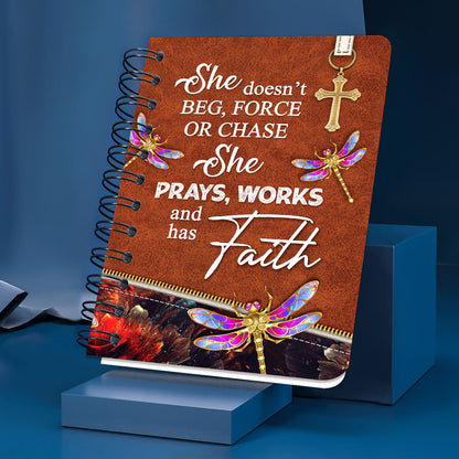 She Prays Works And Has Faith Personalized Dragonfly Spiral Journal, Inspiration Gifts For Christian People