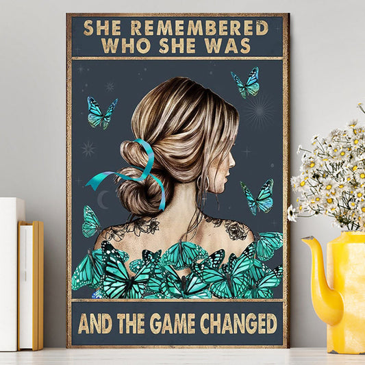 She Remembered Who She Was And The Game Changed Canvas - Gifts For Women, Teen Girls - Motivational Wall Art - Light Blue Boho Decoration