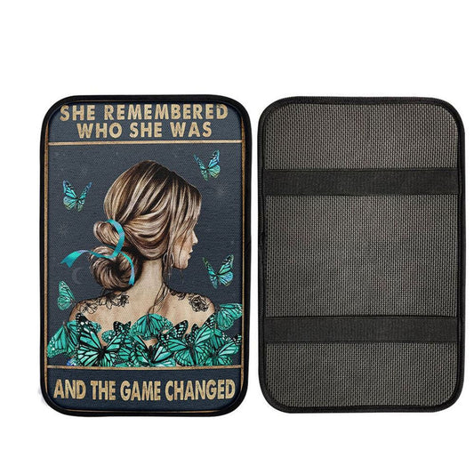 She Remembered Who She Was And The Game Changed Car Armrest Pad - Motivational Car Armrest Pad - Light Blue Bohoation