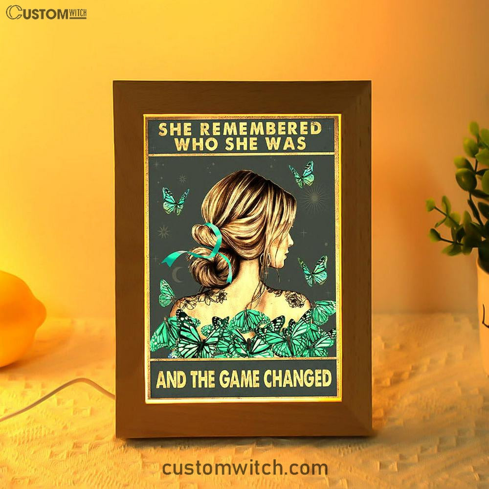 She Remembered Who She Was And The Game Changed Frame Lamp - Gifts For Women, Teen Girls - Motivational Art - Light Blue Boho Decoration