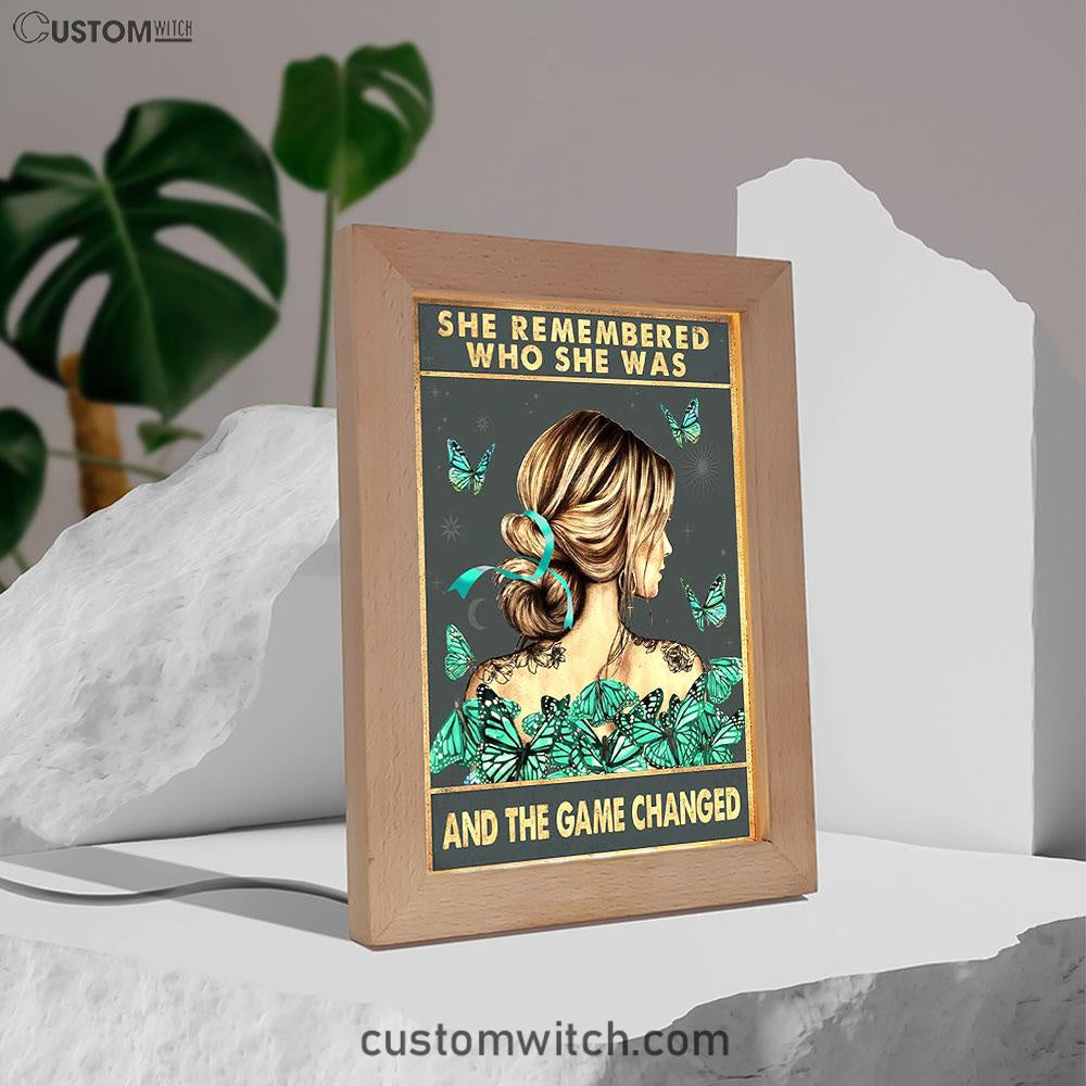 She Remembered Who She Was And The Game Changed Frame Lamp - Gifts For Women, Teen Girls - Motivational Art - Light Blue Boho Decoration