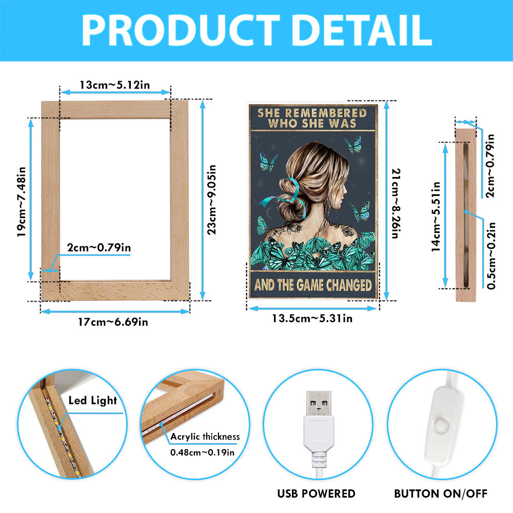 She Remembered Who She Was And The Game Changed Frame Lamp - Gifts For Women, Teen Girls - Motivational Art - Light Blue Boho Decoration
