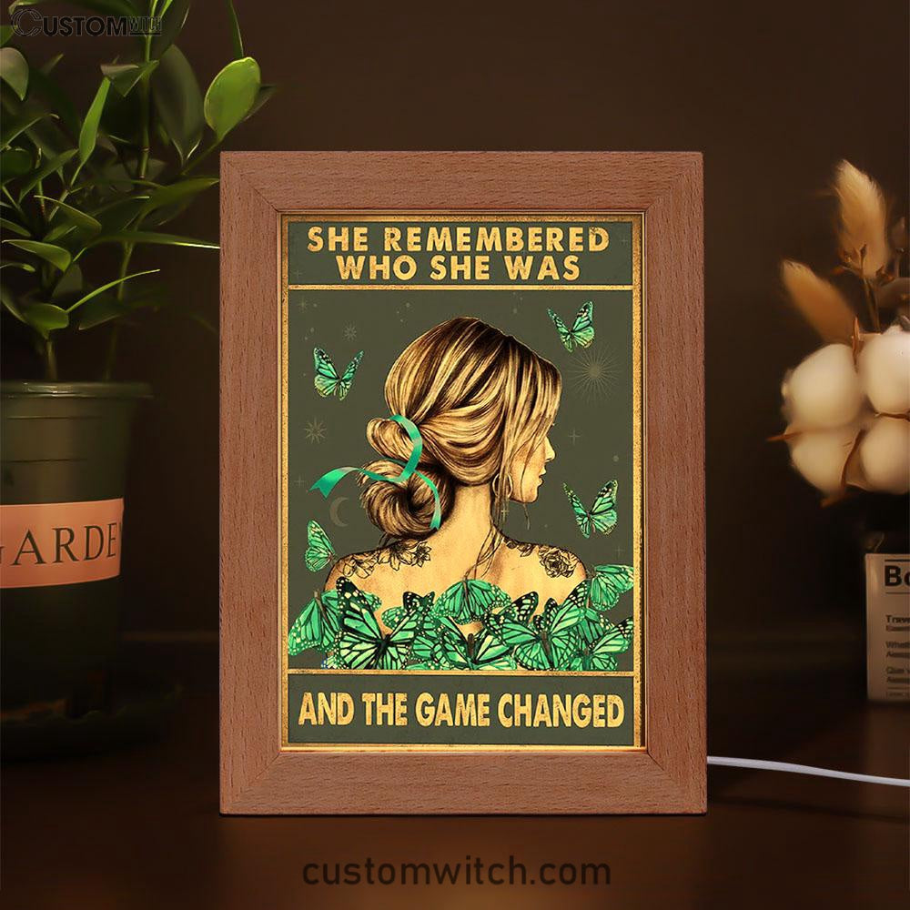 She Remembered Who She Was And The Game Changed Frame Lamp - Gifts For Women, Teen Girls - Motivational Art - Light Blue Boho Decoration