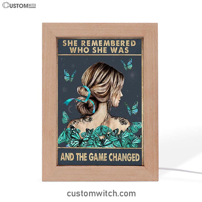 She Remembered Who She Was And The Game Changed Frame Lamp - Gifts For Women, Teen Girls - Motivational Art - Light Blue Boho Decoration