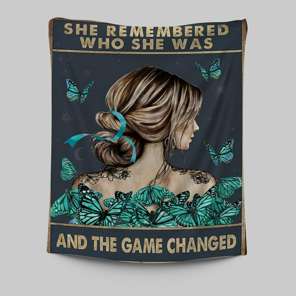 She Remembered Who She Was And The Game Changed Tapestry - Gifts For Women, Teen Girls - Motivational Wall Art - Light Blue Boho Decoration
