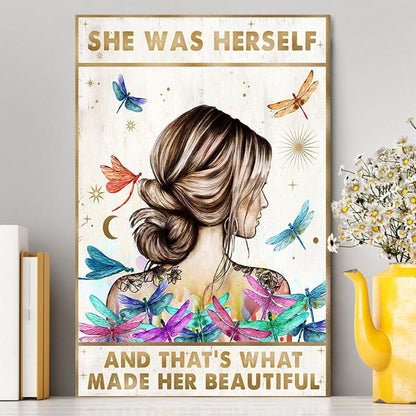 She Was Herself Canvas Wall Art - Boho Hippie Positive Quotes Decor - Bohemian Dragonfly Bedroom Decor