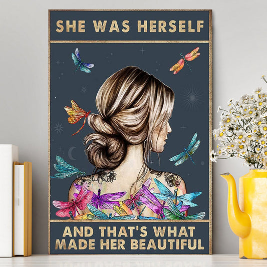 She Was Herself Canvas Wall Art - Encouragement Gifts For Women, Teens, Girls - Dragonfly Boho Decor - Hippie Bohemian Decor