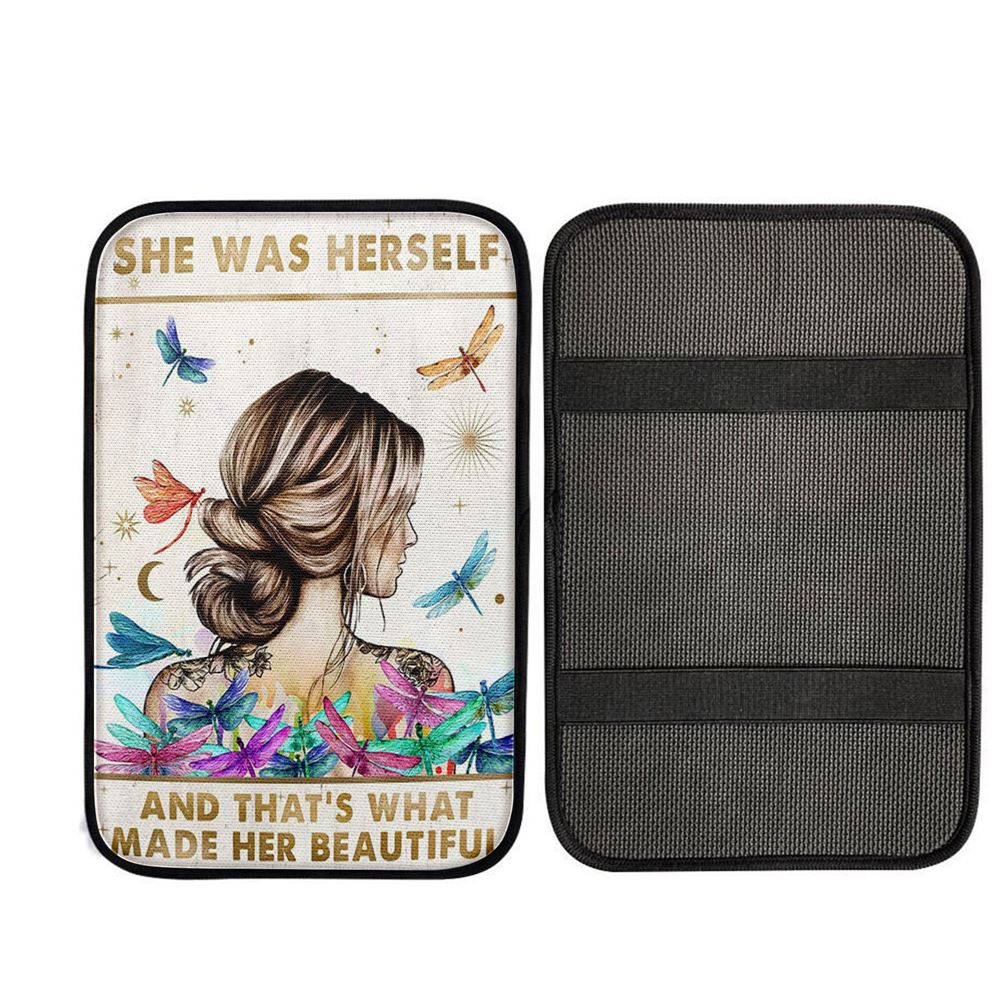 She Was Herself Car Center Console Cover - Boho Hippie Positive Quotes, Religious Car Interior Accessories