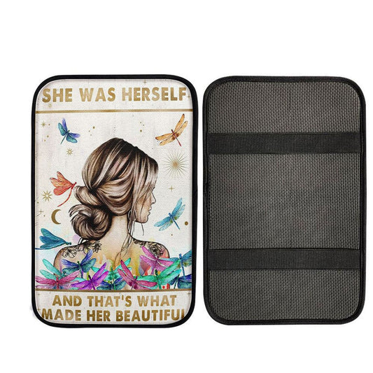 She Was Herself Car Center Console Cover - Boho Hippie Positive Quotes, Religious Car Interior Accessories
