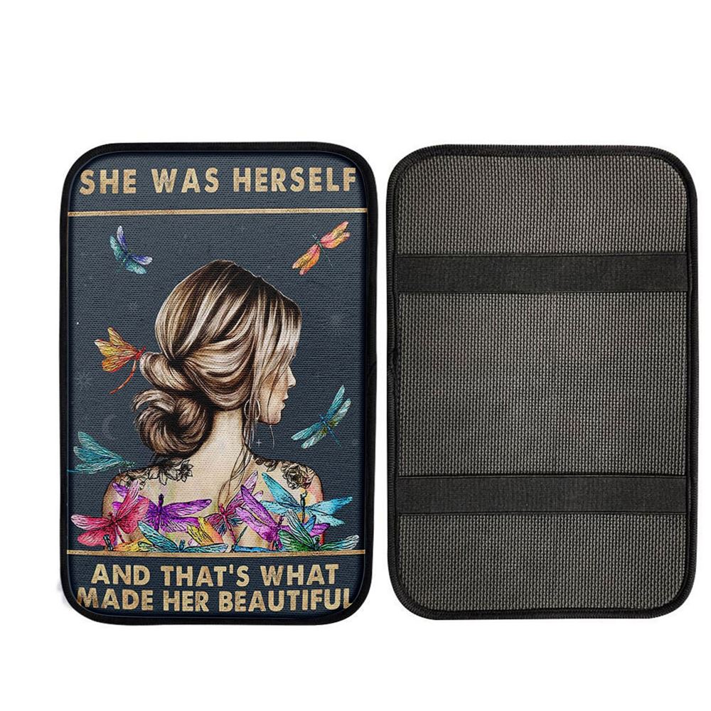 She Was Herself Car Center Console Cover - Encouragement Gifts For Women, Teens, Girls - Dragonfly Boho - Hippie Bohemian