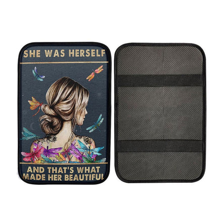 She Was Herself Car Center Console Cover - Encouragement Gifts For Women, Teens, Girls - Dragonfly Boho - Hippie Bohemian