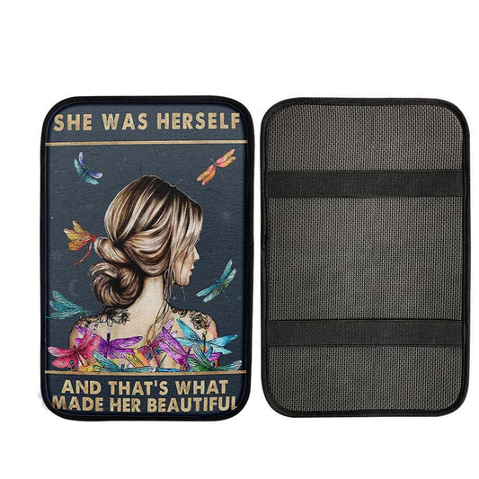 She Was Herself Car Center Console Cover - Encouragement Gifts For Women, Teens, Girls - Dragonfly Boho - Hippie Bohemian