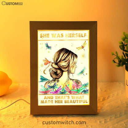 She Was Herself Frame Lamp Art - Boho Hippie Positive Quotes Decor - Bohemian Dragonfly Bedroom Decor