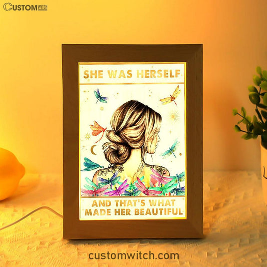 She Was Herself Frame Lamp Art - Boho Hippie Positive Quotes Decor - Bohemian Dragonfly Bedroom Decor