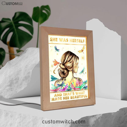 She Was Herself Frame Lamp Art - Boho Hippie Positive Quotes Decor - Bohemian Dragonfly Bedroom Decor