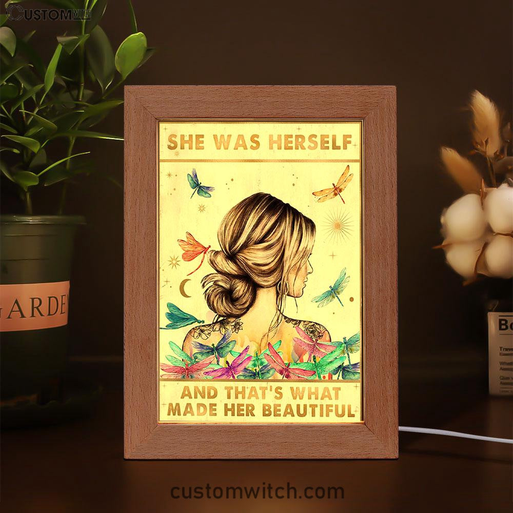 She Was Herself Frame Lamp Art - Boho Hippie Positive Quotes Decor - Bohemian Dragonfly Bedroom Decor