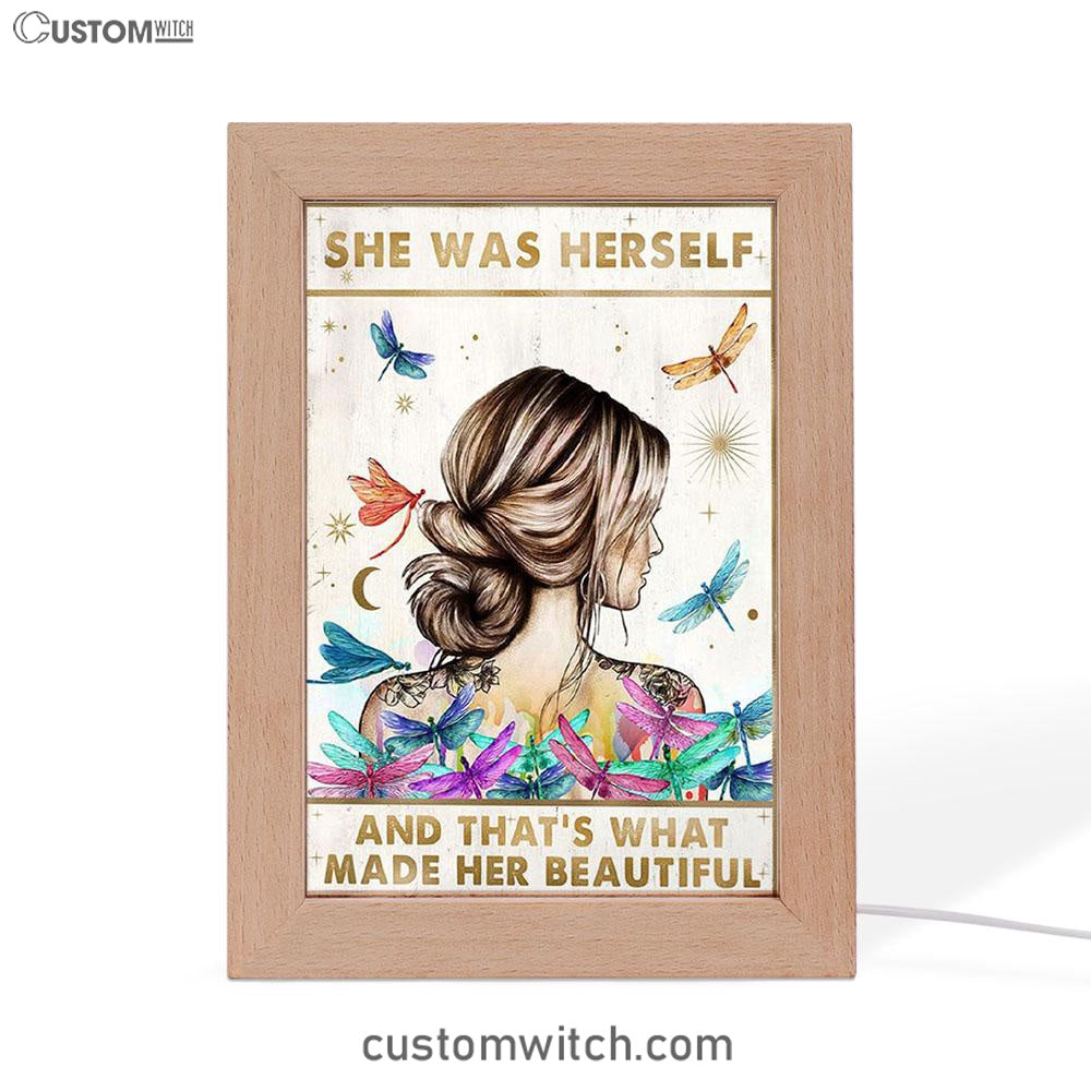 She Was Herself Frame Lamp Art - Boho Hippie Positive Quotes Decor - Bohemian Dragonfly Bedroom Decor