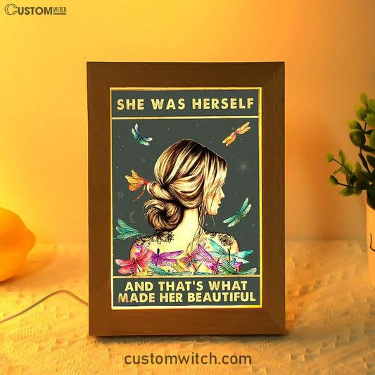 She Was Herself Frame Lamp Art - Encouragement Gifts For Women, Teens, Girls - Dragonfly Boho Decor - Hippie Bohemian Decor