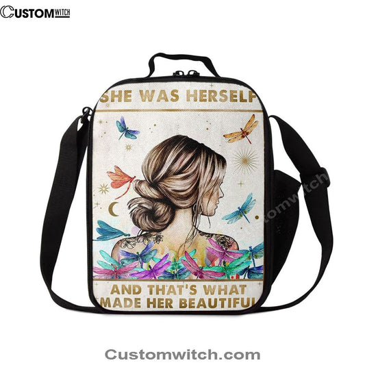 She Was Herself Lunch Bag - Boho Hippie Positive Quotes Decor - Bohemian Dragonfly Bedroom Decor