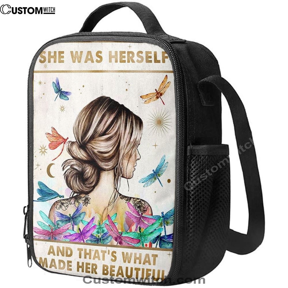 She Was Herself Lunch Bag - Boho Hippie Positive Quotes Decor - Bohemian Dragonfly Bedroom Decor