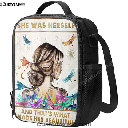 She Was Herself Lunch Bag - Boho Hippie Positive Quotes Decor - Bohemian Dragonfly Bedroom Decor