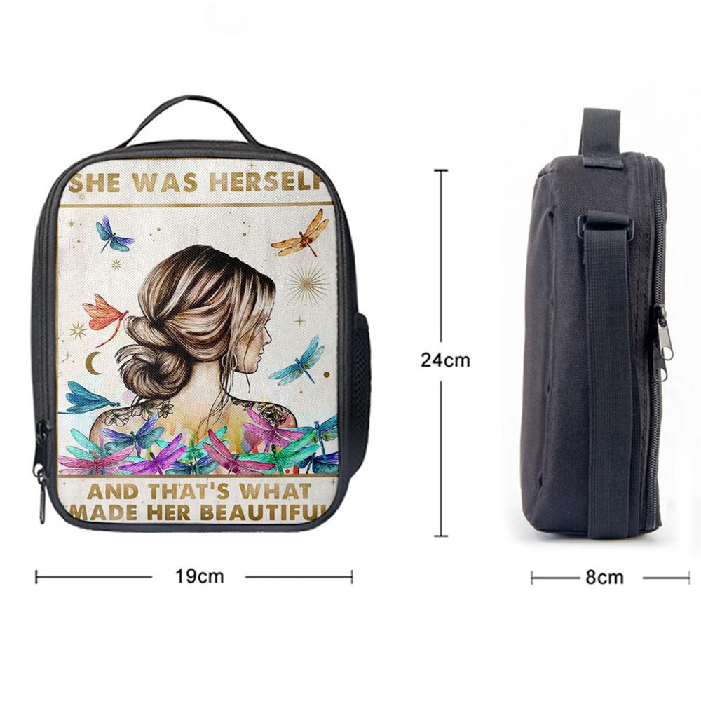 She Was Herself Lunch Bag - Boho Hippie Positive Quotes Decor - Bohemian Dragonfly Bedroom Decor