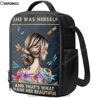 She Was Herself Lunch Bag - Encouragement Gifts For Women, Teens, Girls - Dragonfly Boho Decor - Hippie Bohemian Decor