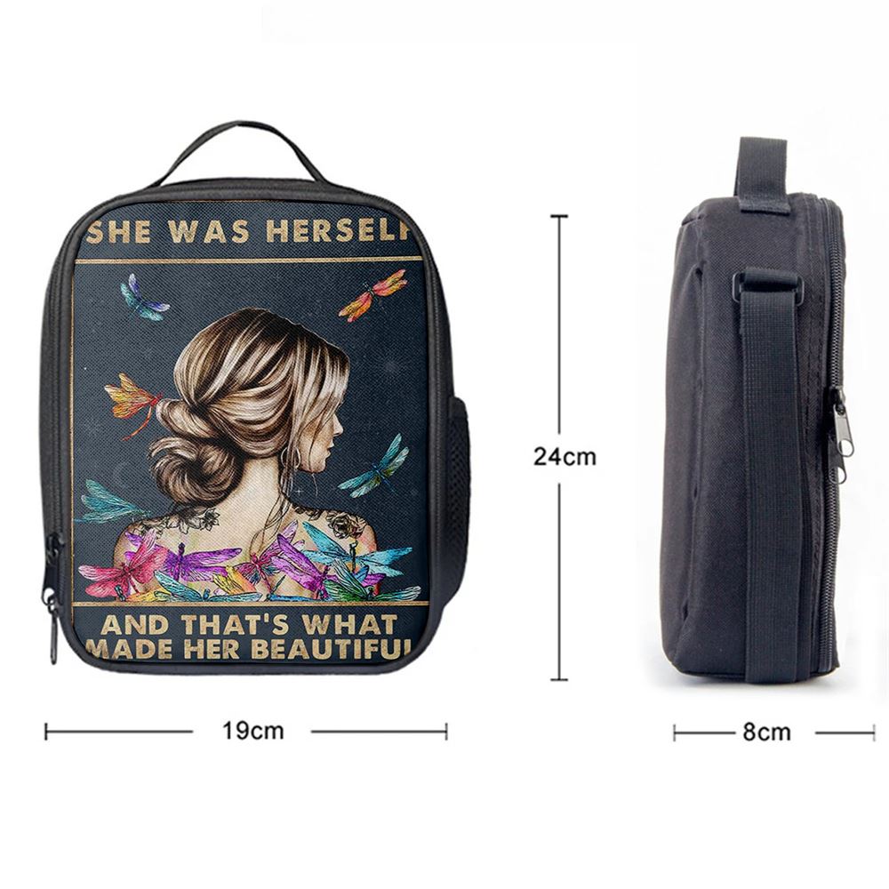 She Was Herself Lunch Bag - Encouragement Gifts For Women, Teens, Girls - Dragonfly Boho Decor - Hippie Bohemian Decor