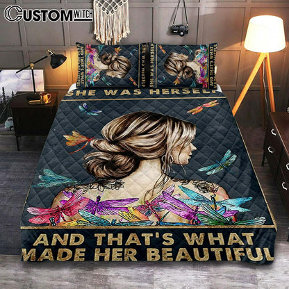 She Was Herself Quilt Bedding Set Bedroom -  Gifts For Women, Teens, Girls - Dragonfly Boho Decor - Hippie Bohemian Decor