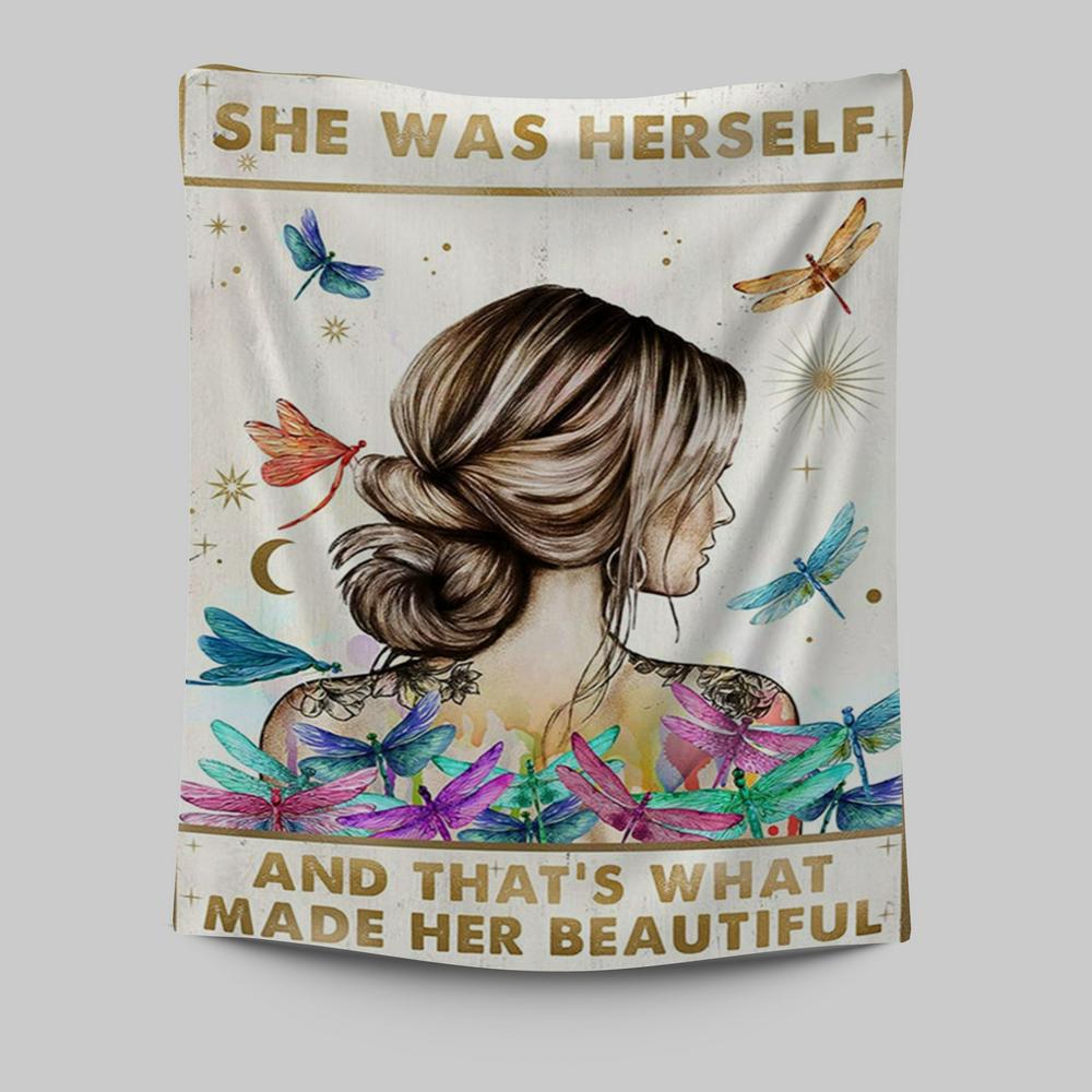 She Was Herself Tapestry Wall Art - Boho Hippie Positive Quotes Decor - Bohemian Dragonfly Bedroom Decor