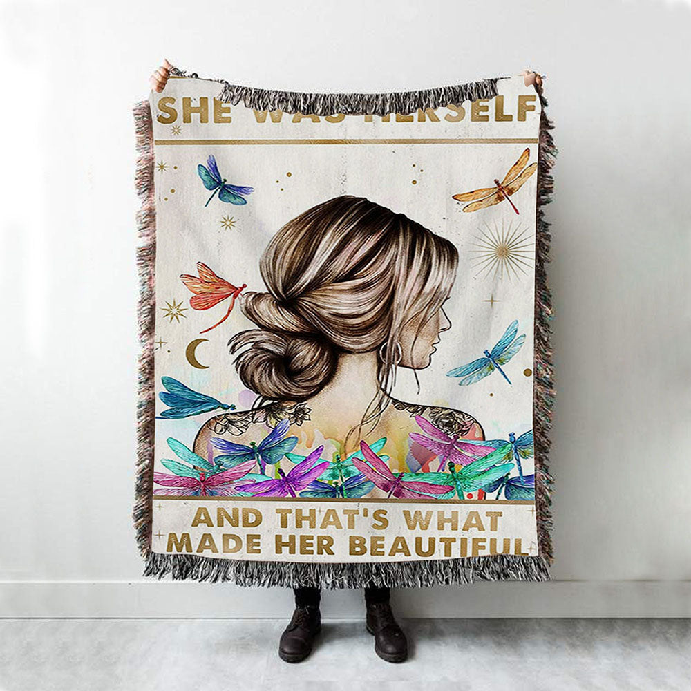 She Was Herself Woven Throw Blanket - Boho Hippie Positive Quotes Decor - Bohemian Dragonfly Bedroom Decor