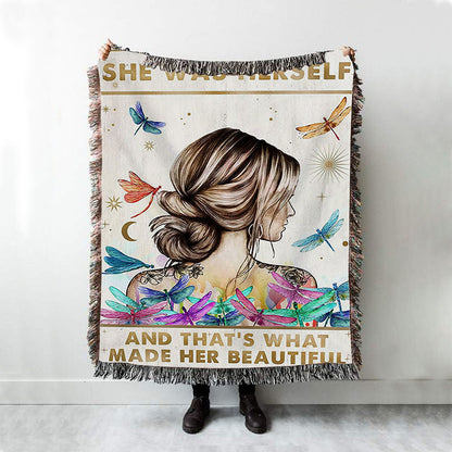 She Was Herself Woven Throw Blanket - Boho Hippie Positive Quotes Decor - Bohemian Dragonfly Bedroom Decor