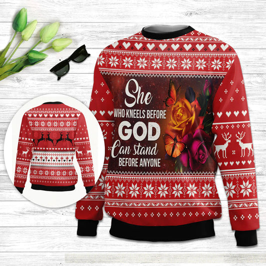 She Who Kneels Before God Can Stand Before Anyone Ugly Christmas Sweater - Christian Unisex Sweater - Religious Christmas Gift