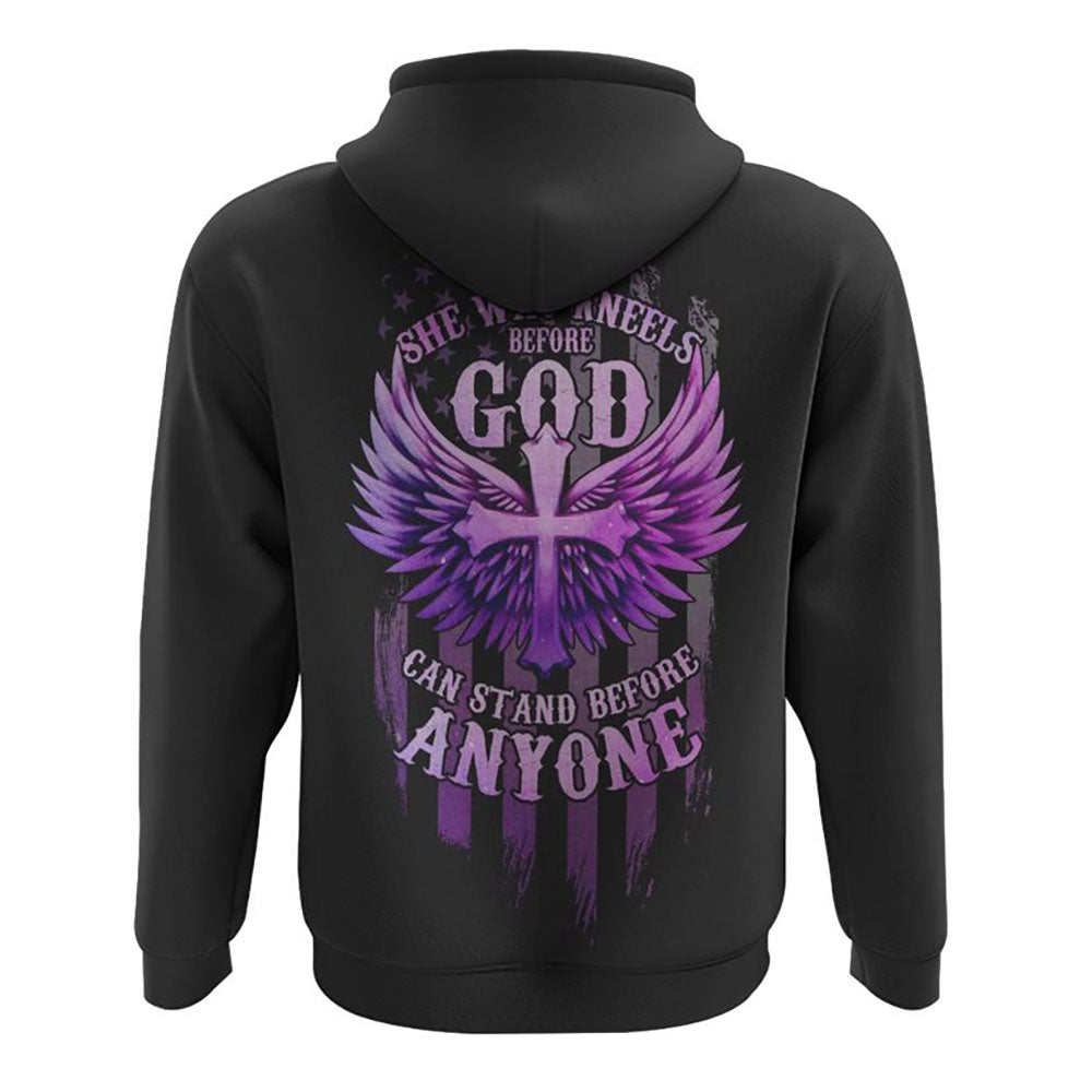 She Who Knees Before God Can Stand Before Anyone Cross Flag Wings All Over Print 3D Hoodie, Christian Hoodie, Christian Sweatshirt, Bible Verse Shirt