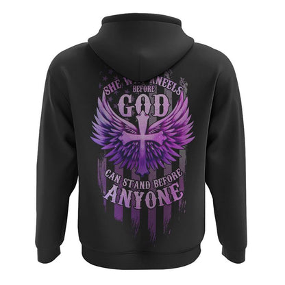 She Who Knees Before God Can Stand Before Anyone Cross Flag Wings All Over Print 3D Hoodie, Christian Hoodie, Christian Sweatshirt, Bible Verse Shirt
