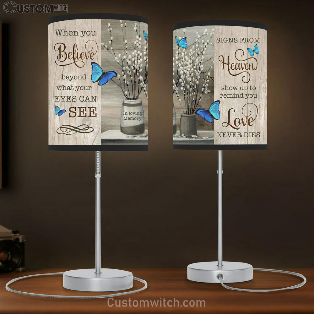 Signs From Heaven Show Up To Remind You Love Never Dies Blue Butterflies Flowers Large Table Lamb - Religious Table Lamb Art