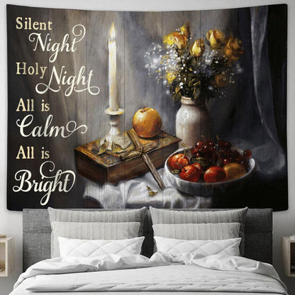 Silent Night Holy Night All Is Calm All Is Bright Candle Cross Fruit Flower Large Tapestry - Christian Tapestry Prints - Religious Tapestry Art