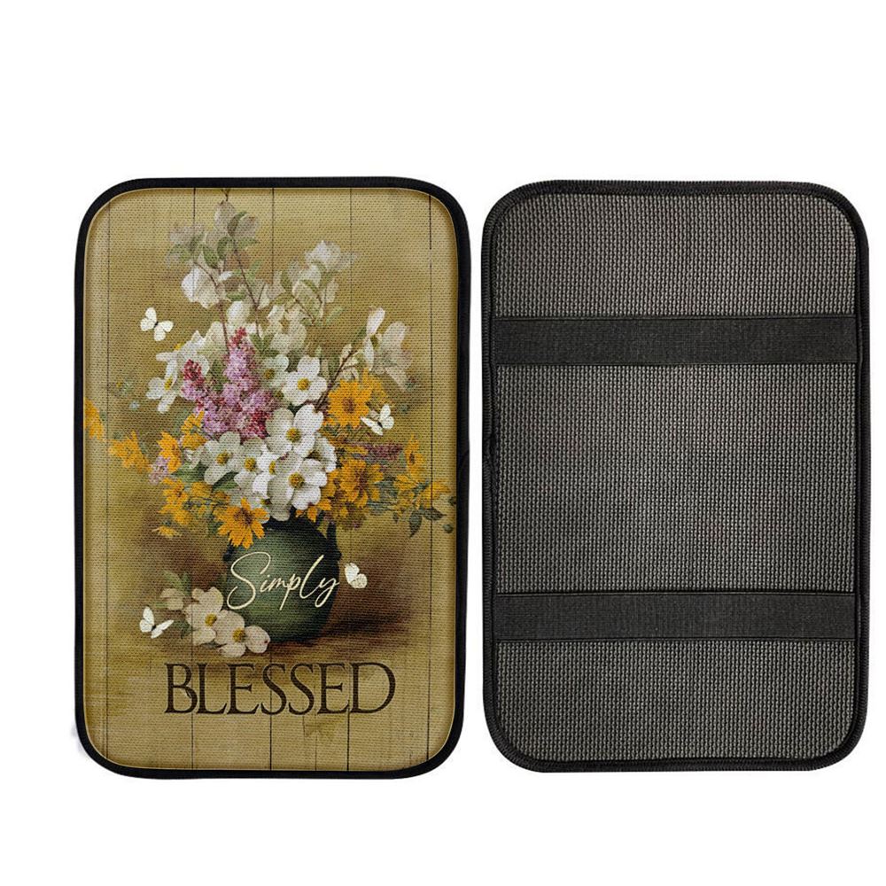 Simply Blessed Beautiful Flower Vase Car Center Console Cover, Christian Gift Car Armrest Pad