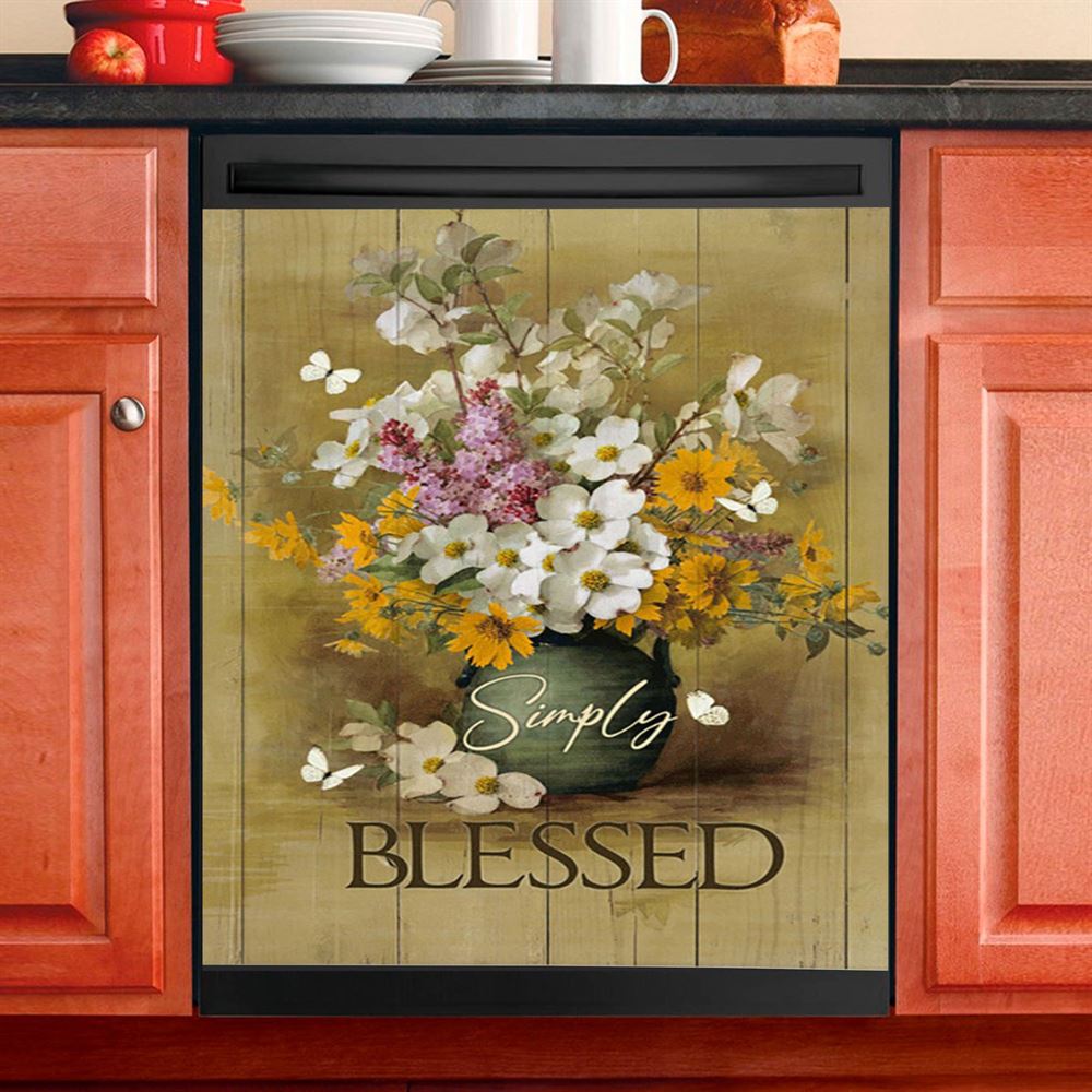 Simply Blessed Beautiful Flower Vase Dishwasher Cover, Bible Verse Dishwasher Wrap, Inspirational Kitchen Decoration