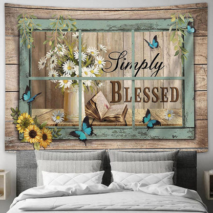 Simply Blessed Bible Book Daisy Flowers Sunflower Tapestry Wall Art - Bible Verse Tapestry - Religious Tapestry Wall Hanging