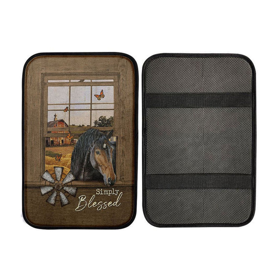Simply Blessed Black Horse Windmill - Car Center Console Cover, Christian Gift Car Armrest Pad