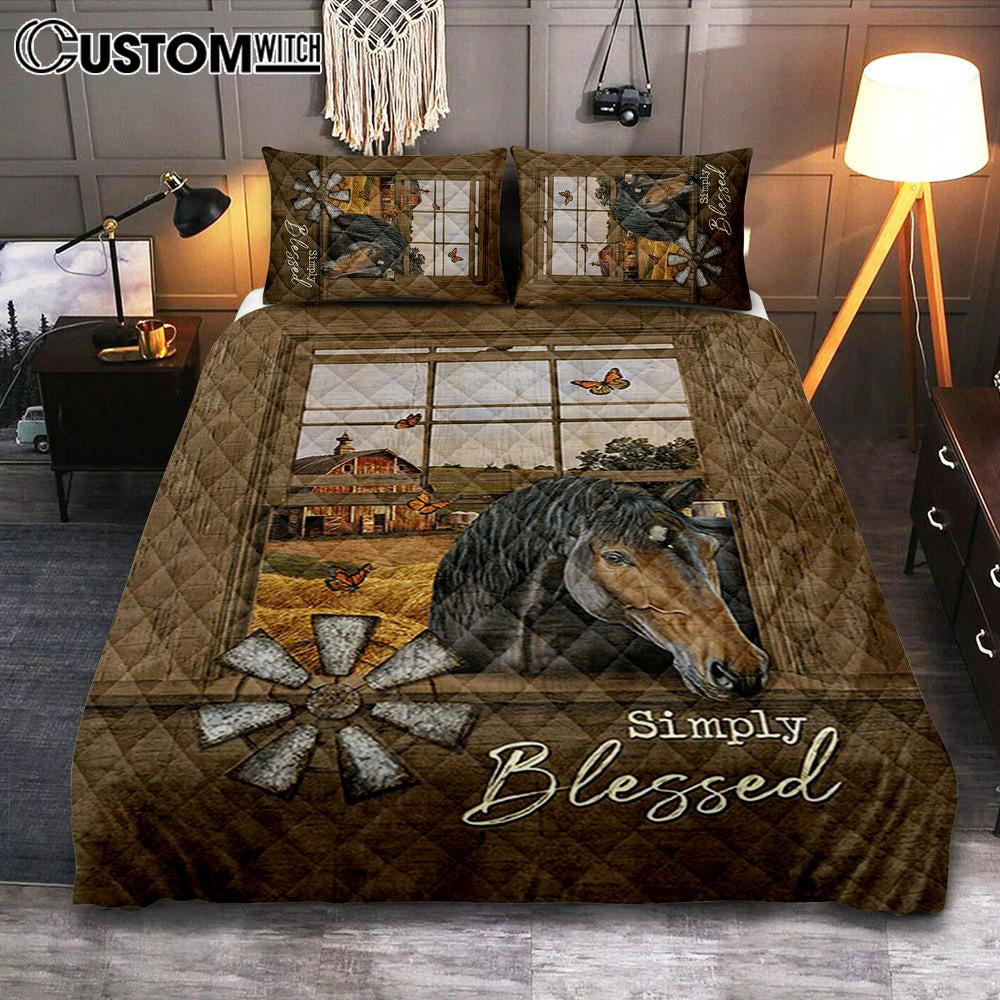 Simply Blessed Black Horse Windmill - Quilt Bedding Set Bedroom - Bible Verse Quilt Bedding Set Art - Christian Home Decor
