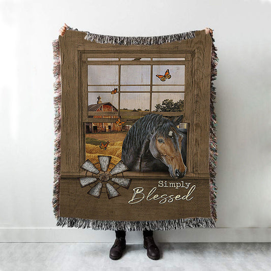Simply Blessed Black Horse Windmill - Woven Throw Blanket - Bible Verse Woven Blanket Art - Inspirational Art - Christian Home Decor